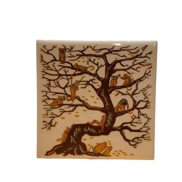 Vintage tile trivet/ hot plate. Moneys in a tree. (sku 447) - Picture 7 of 9